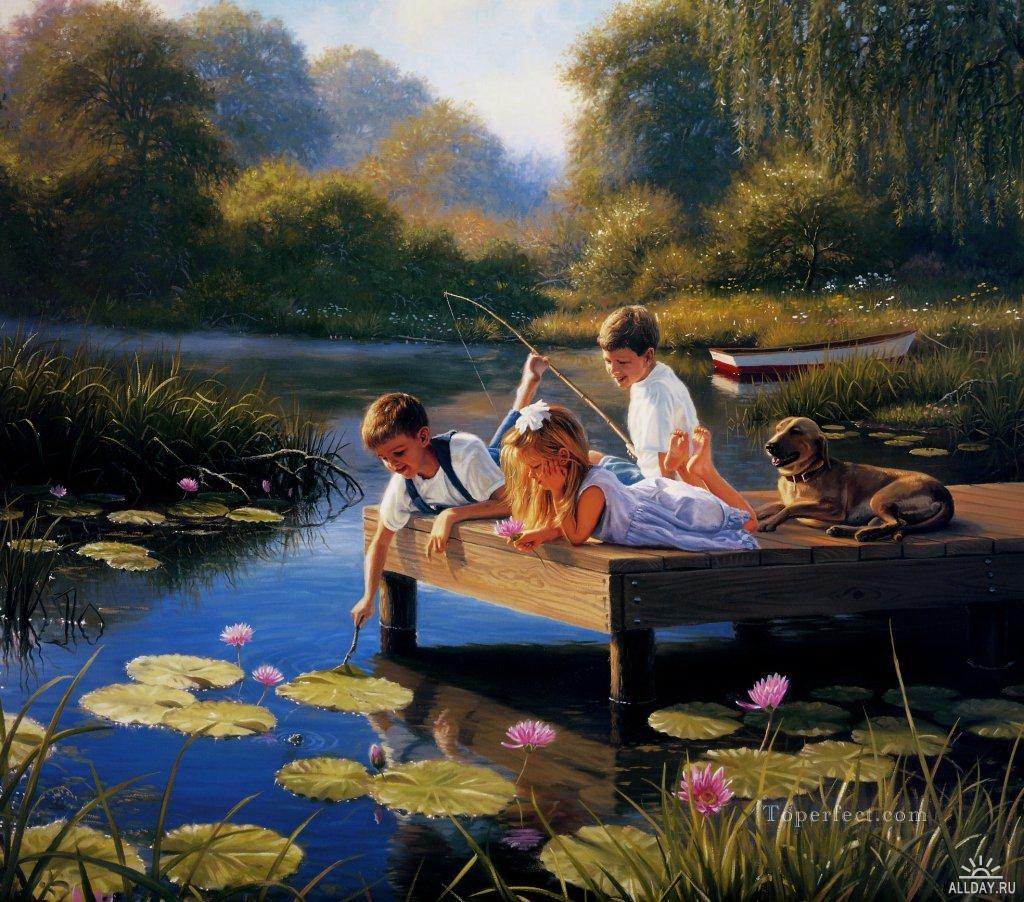 les enfants jouent à l’étang de Waterlily Peintures à l'huile